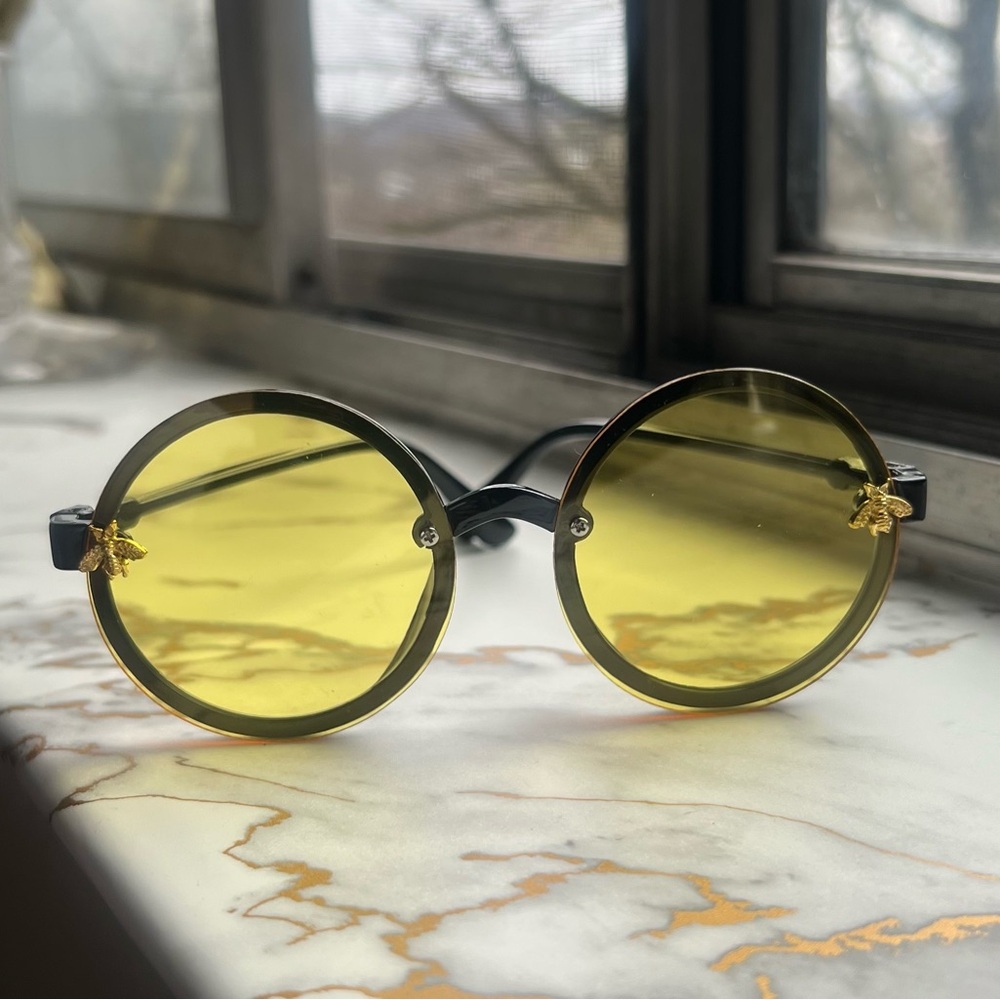 Girls Round Yellow Lens Sunglasses with Bee Detail